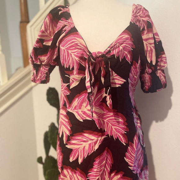 Who What Wear Pink Tropical Linen Puff Sleeve Dress Large - Picture 4 of 6